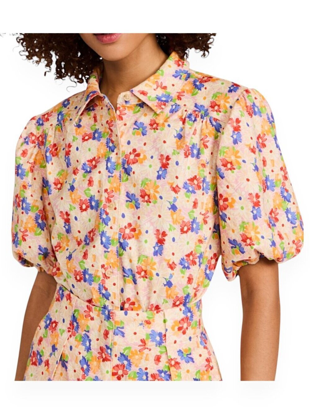 Something Navy Cream Multi Floral Puff Sleeve Button Up Top Linen NWT New S